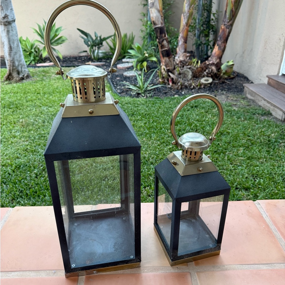 Set of 2 Candle Lanterns - Steel and Glass - Blue& Gold Colour - Indoor or Out